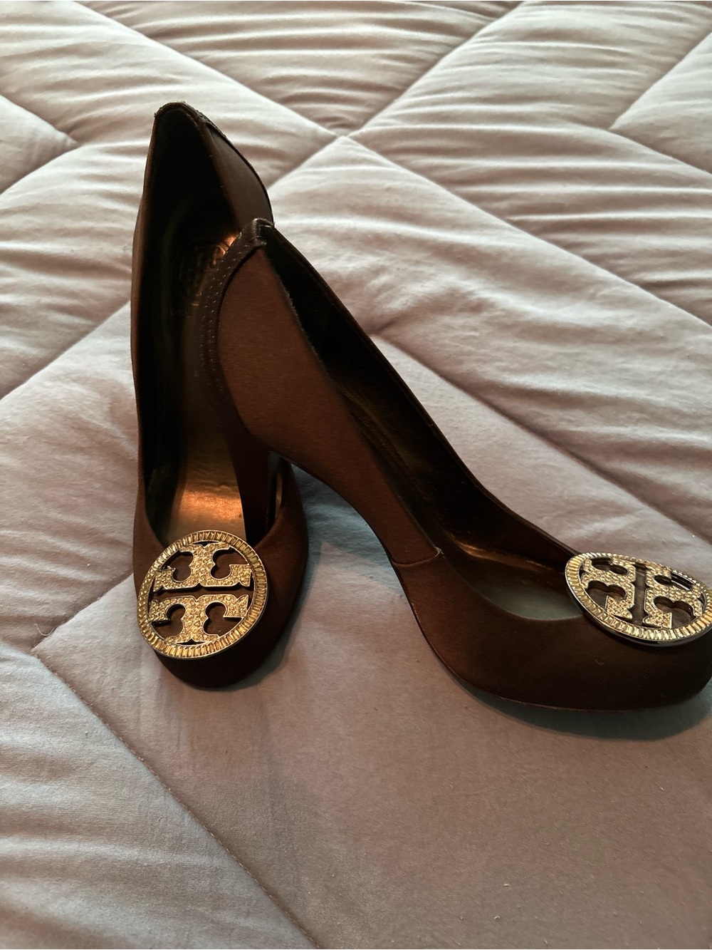 Tory Burch Brown Pumps with Gold Logo Medallion
